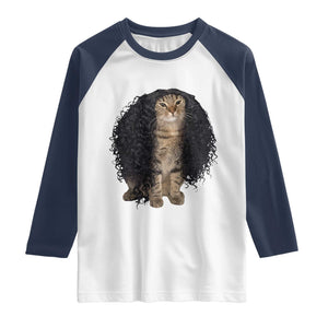 Funny Long Curly Hair Wig Cat Soccer Fans Raglan Shirt Football Meme Sports Humor