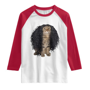 Funny Long Curly Hair Wig Cat Soccer Fans Raglan Shirt Football Meme Sports Humor