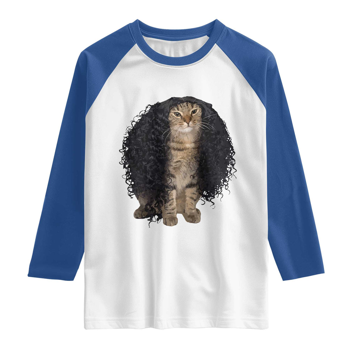 Funny Long Curly Hair Wig Cat Soccer Fans Raglan Shirt Football Meme Sports Humor
