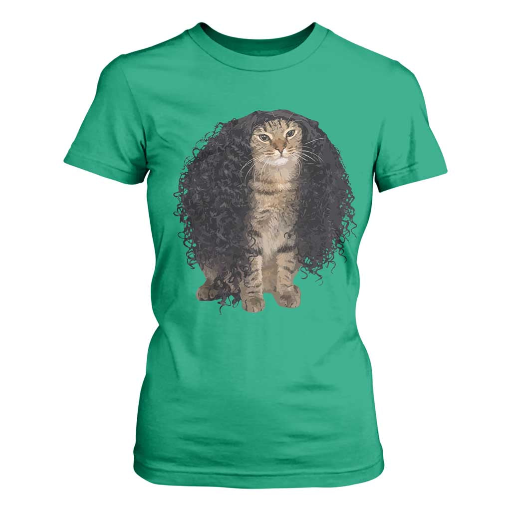 Funny Long Curly Hair Wig Cat Soccer Fans T Shirt For Women Football Meme Sports Humor