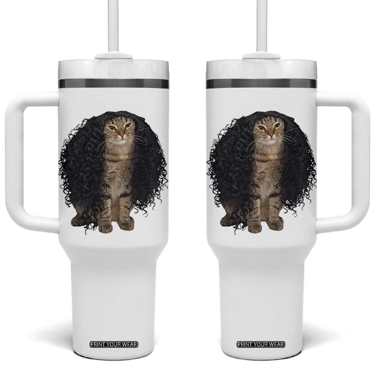 Funny Long Curly Hair Wig Cat Soccer Fans Tumbler With Handle Football Meme Sports Humor