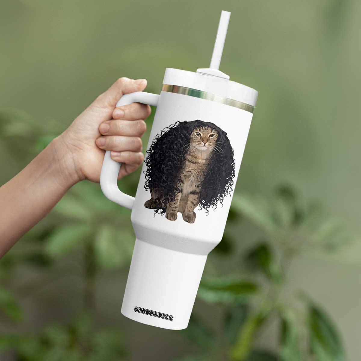 Funny Long Curly Hair Wig Cat Soccer Fans Tumbler With Handle Football Meme Sports Humor