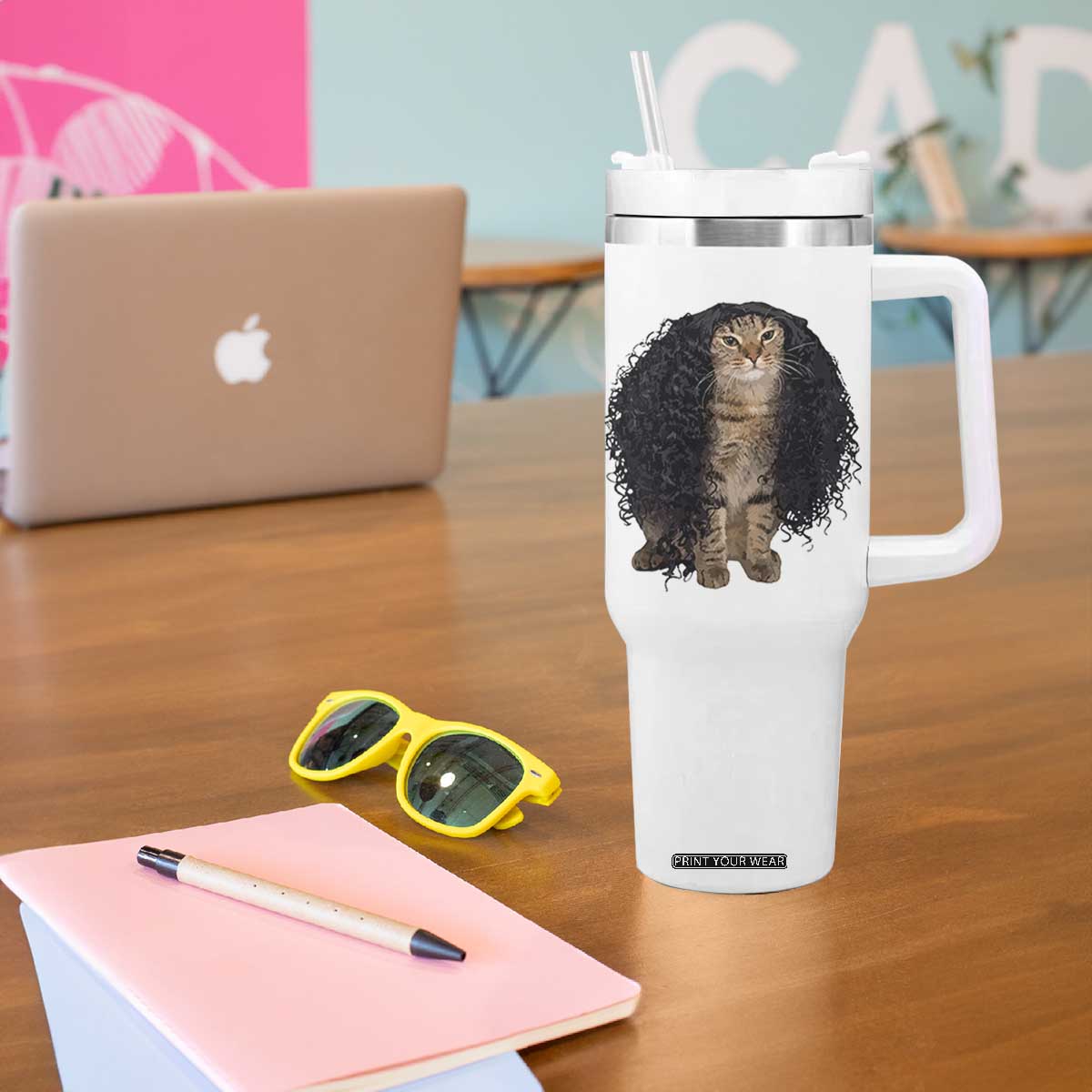 Funny Long Curly Hair Wig Cat Soccer Fans Tumbler With Handle Football Meme Sports Humor