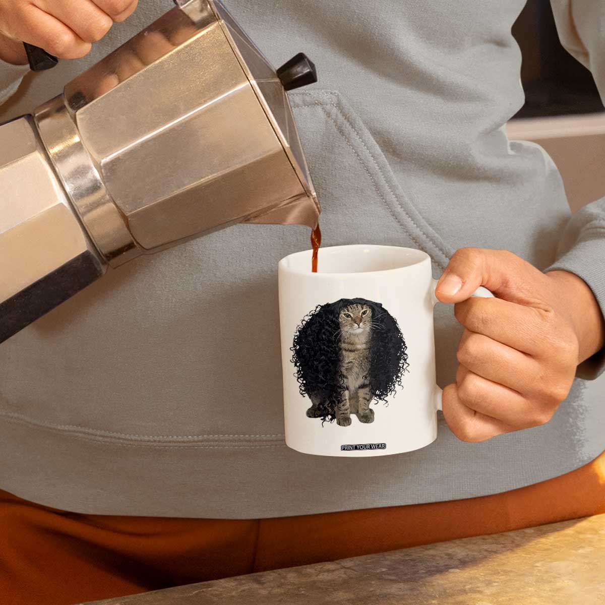 Funny Long Curly Hair Wig Cat Soccer Fans Coffee Mug Football Meme Sports Humor