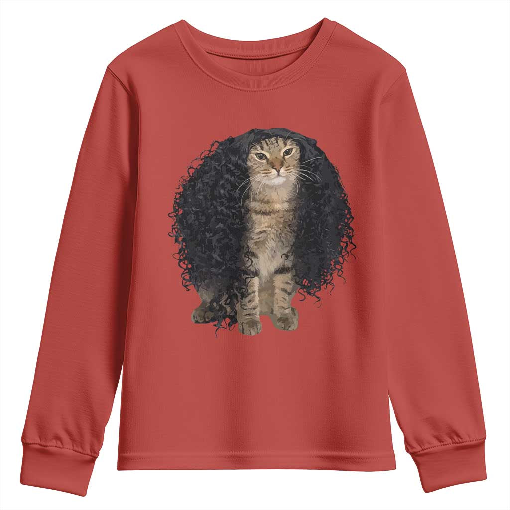 Funny Long Curly Hair Wig Cat Soccer Fans Youth Sweatshirt Football Meme Sports Humor