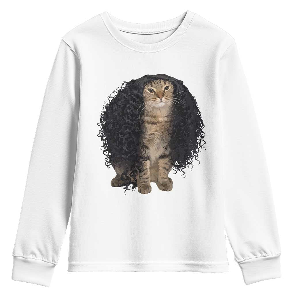 Funny Long Curly Hair Wig Cat Soccer Fans Youth Sweatshirt Football Meme Sports Humor TS02 White Print Your Wear