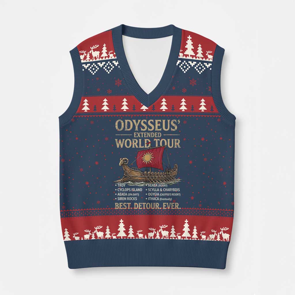 Odysseus Extended World Tour V-Neck Knit Sweater Vest Funny Greek Mythology Odyssey History Gift TS02 Navy Red Print Your Wear