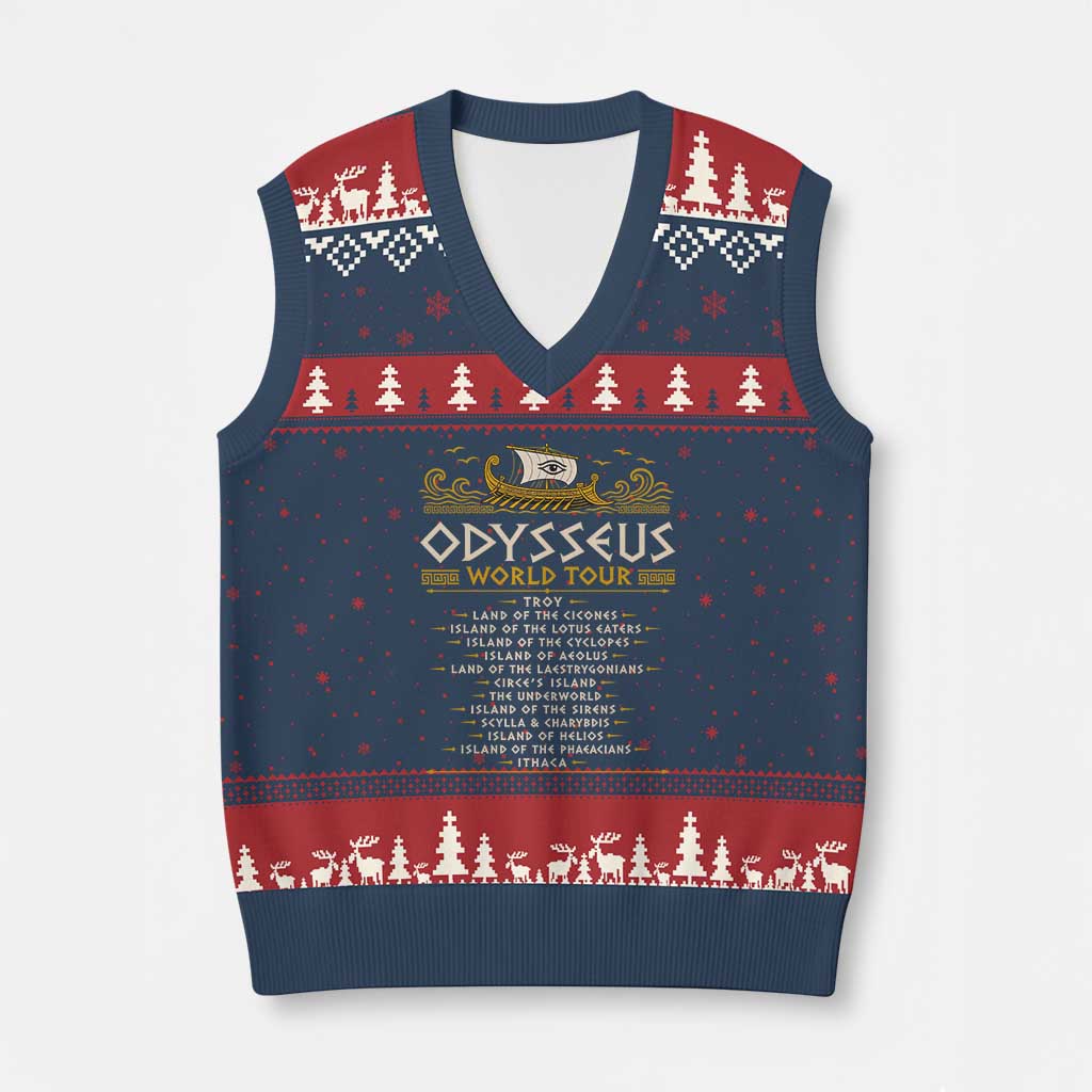 Odysseus World Tour Epic Journey V-Neck Knit Sweater Vest Funny Greek Mythology Odyssey History Gift TS02 Navy Red Print Your Wear