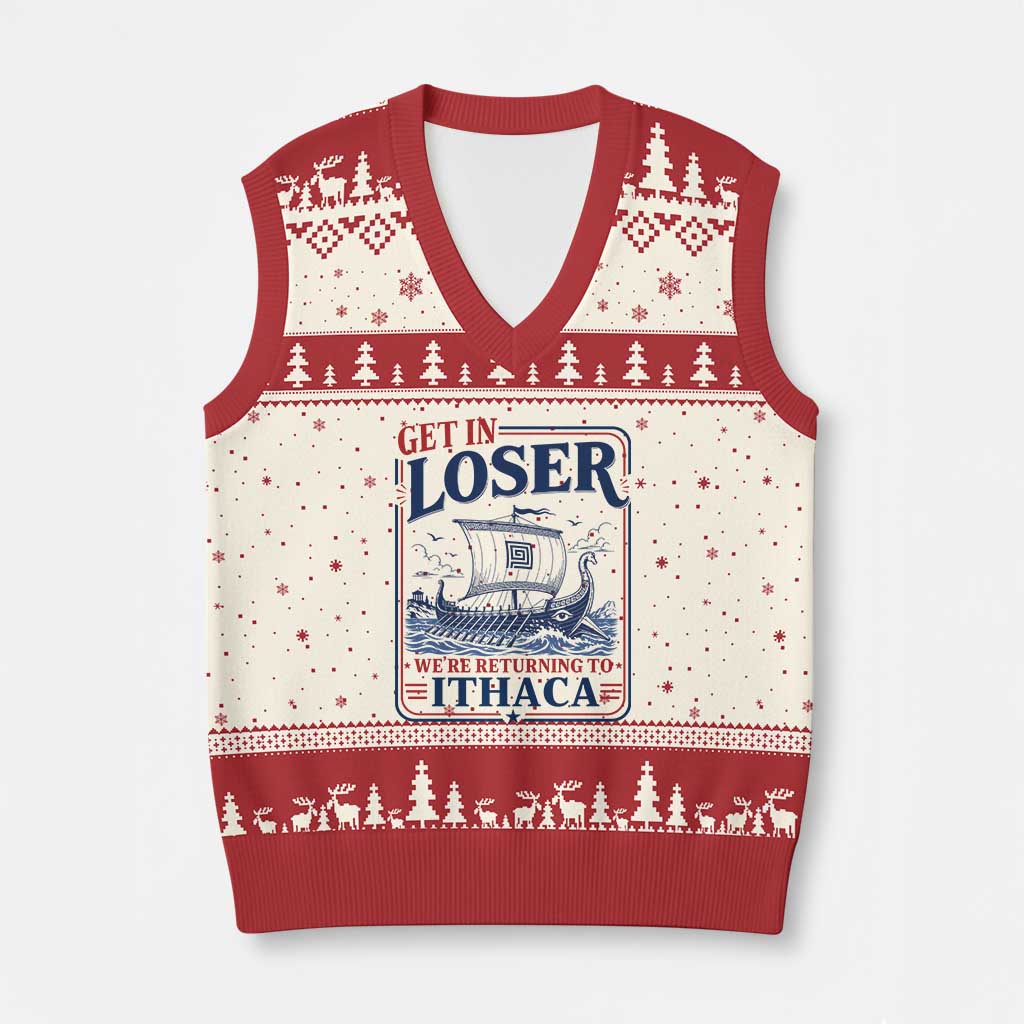 Funny Odysseus Journey Epic Odyssey Parody V-Neck Knit Sweater Vest Retro Get In Loser Returning To Ithaca Greek Mythology Meme TS02 Beige Red Print Your Wear
