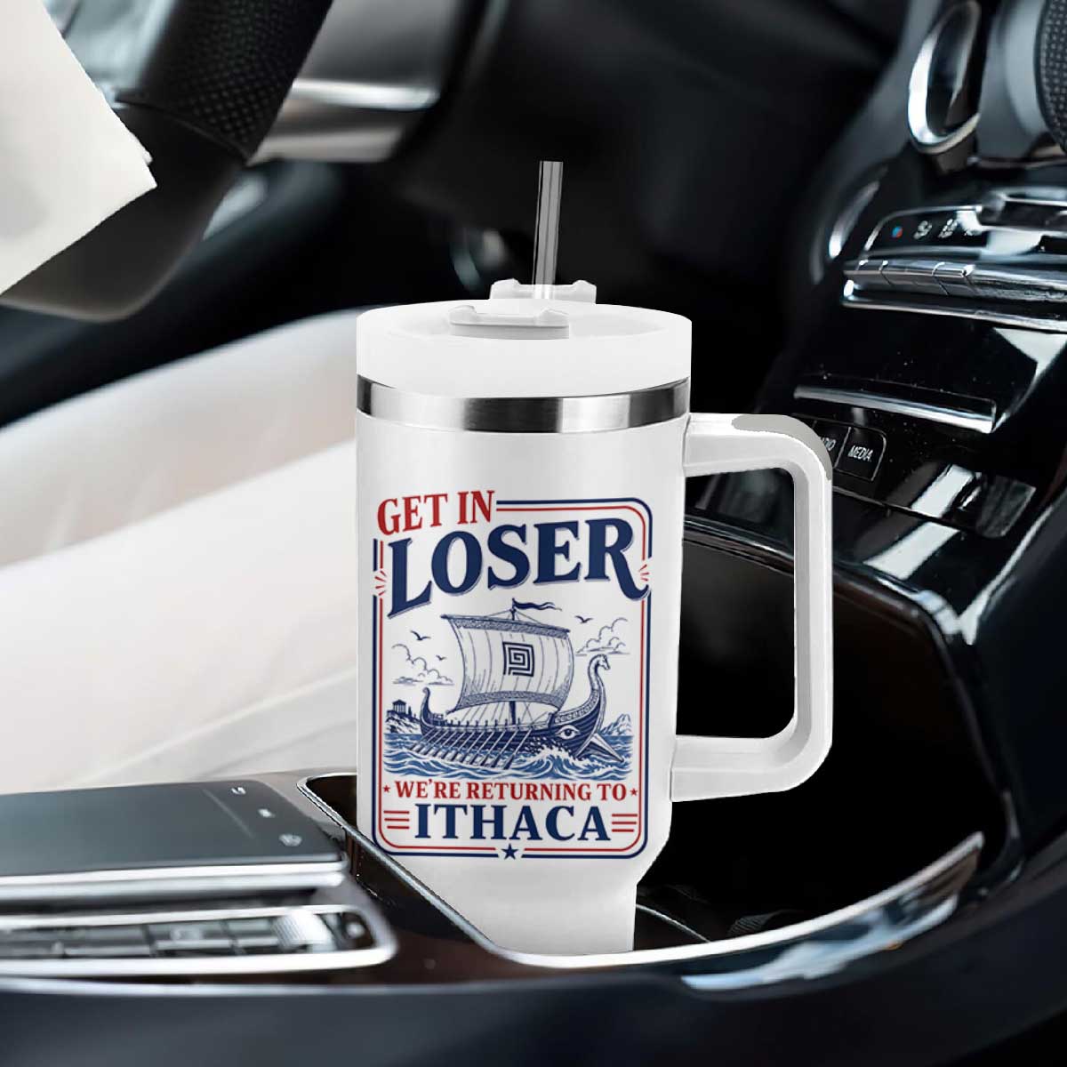 Funny Odysseus Journey Epic Odyssey Parody Tumbler With Handle Retro Get In Loser Returning To Ithaca Greek Mythology Meme