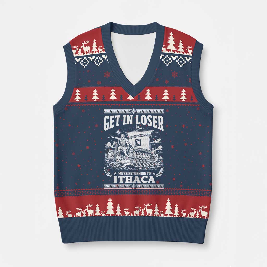 Funny Odysseus Get In Loser Returning To Ithaca V-Neck Knit Sweater Vest Epic Odyssey Meme Greek Mythology Humor TS02 Navy Red Print Your Wear