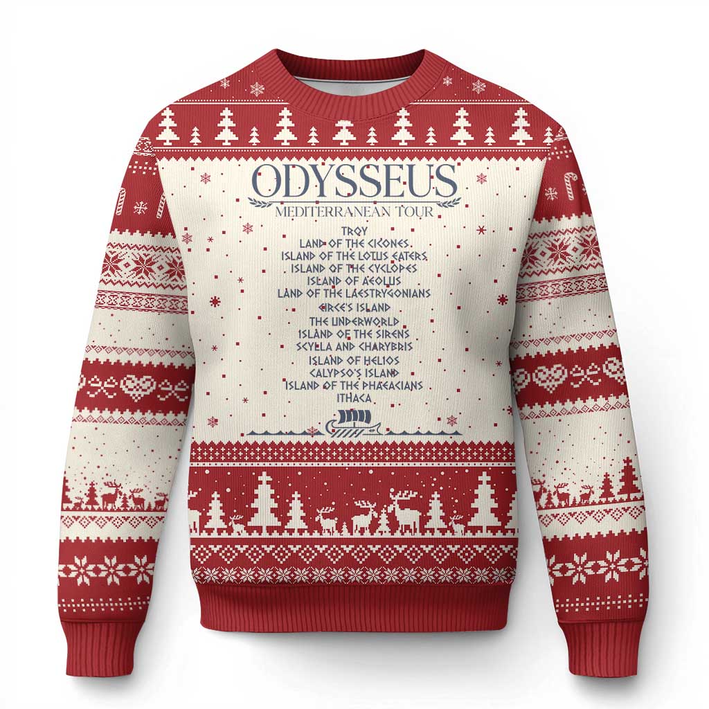 Odysseus Mediterranean Tour Ugly Christmas Sweater Funny Greek Mythology Ancient History Graphic TS02 Beige Red Print Your Wear