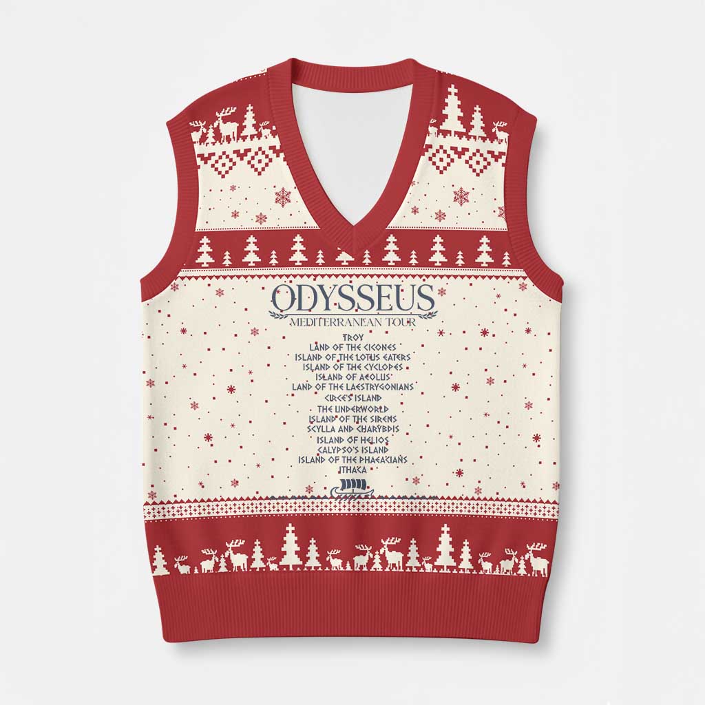 Odysseus Mediterranean Tour V-Neck Knit Sweater Vest Funny Greek Mythology Ancient History Graphic TS02 Beige Red Print Your Wear