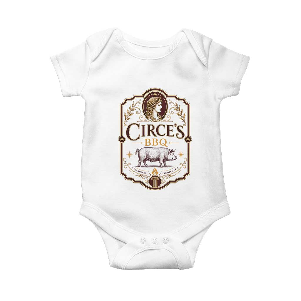 Circes BBQ Funny Greek Mythology Dark Humor Baby Onesie Slow Smoked Legendary Flavor Odysseus Pigs Odyssey Parody TS02 White Print Your Wear