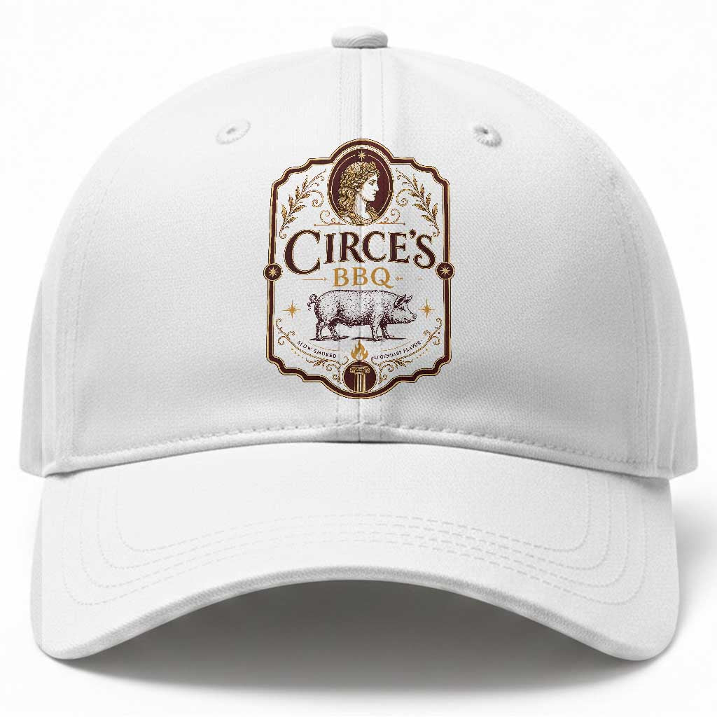 Circes BBQ Funny Greek Mythology Dark Humor Baseball Cap Slow Smoked Legendary Flavor Odysseus Pigs Odyssey Parody TS02 Print Your Wear