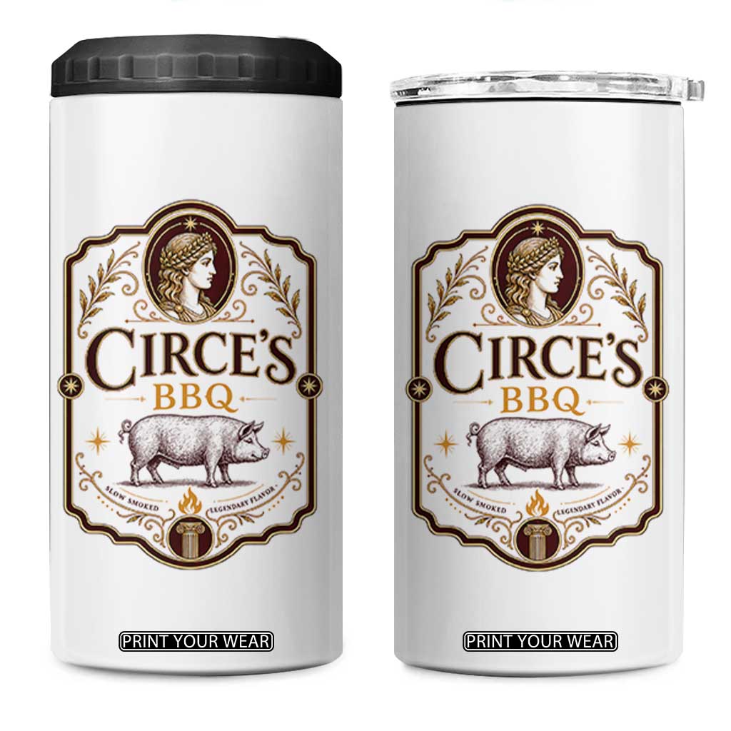Circes BBQ Funny Greek Mythology Dark Humor 4 in 1 Can Cooler Tumbler Slow Smoked Legendary Flavor Odysseus Pigs Odyssey Parody