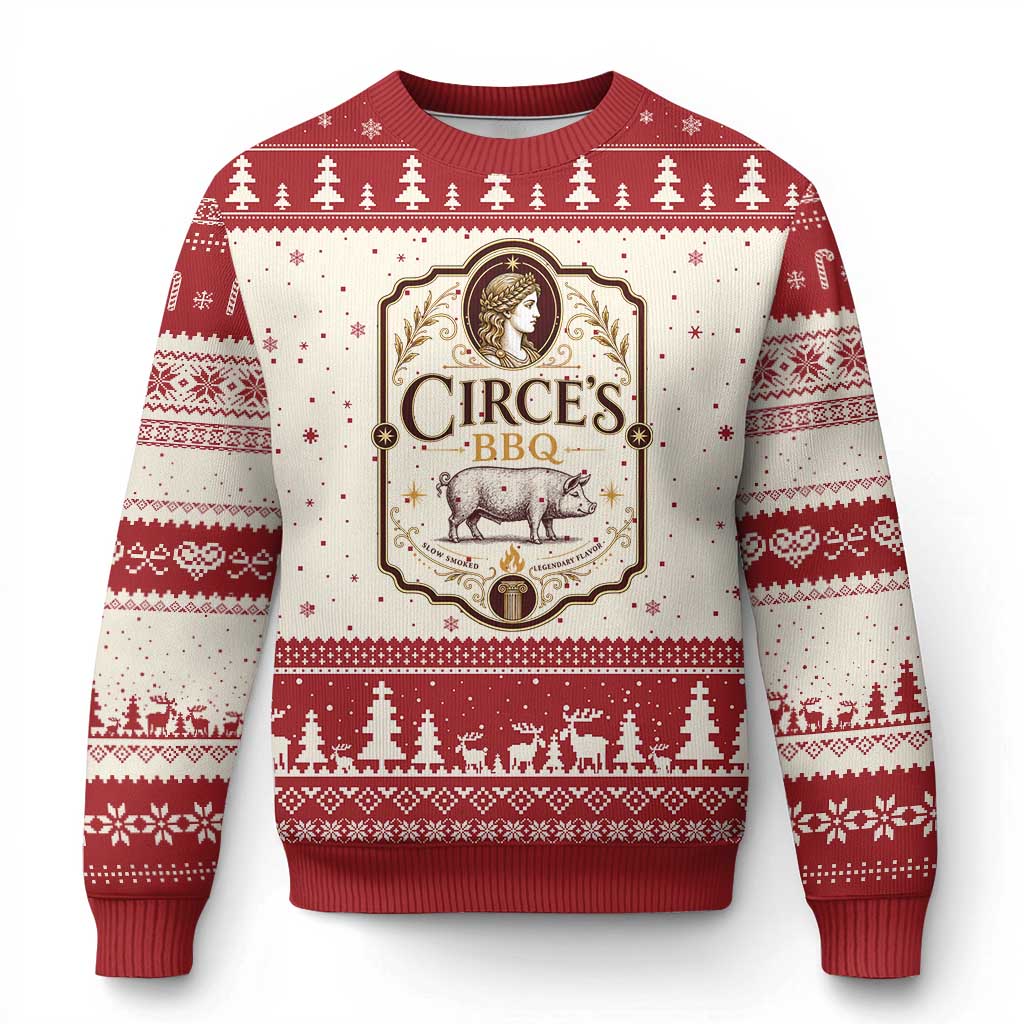 Circes BBQ Funny Greek Mythology Dark Humor Ugly Christmas Sweater Slow Smoked Legendary Flavor Odysseus Pigs Odyssey Parody TS02 Beige Red Print Your Wear