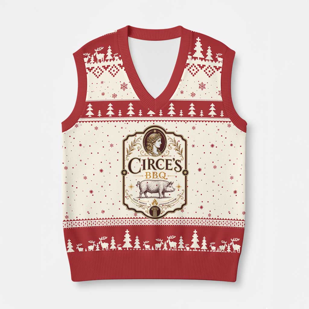 Circes BBQ Funny Greek Mythology Dark Humor V-Neck Knit Sweater Vest Slow Smoked Legendary Flavor Odysseus Pigs Odyssey Parody TS02 Beige Red Print Your Wear