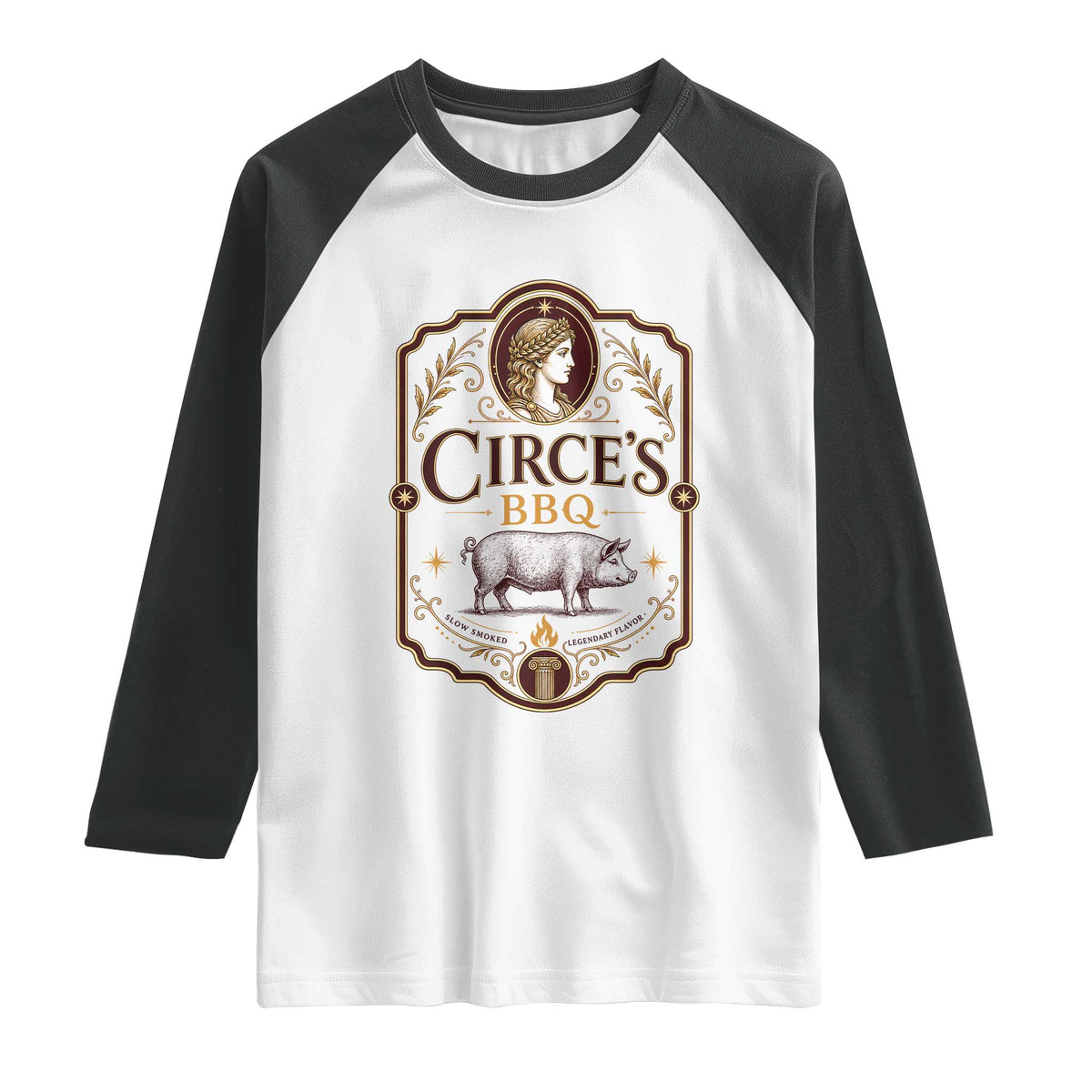 Circes BBQ Funny Greek Mythology Dark Humor Raglan Shirt Slow Smoked Legendary Flavor Odysseus Pigs Odyssey Parody