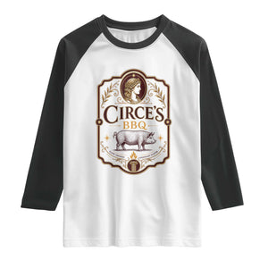 Circes BBQ Funny Greek Mythology Dark Humor Raglan Shirt Slow Smoked Legendary Flavor Odysseus Pigs Odyssey Parody