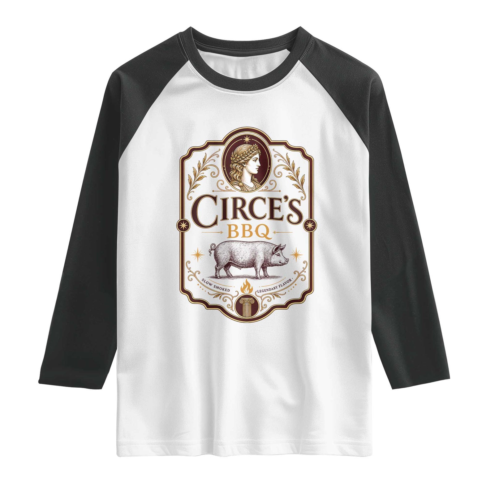Circes BBQ Funny Greek Mythology Dark Humor Raglan Shirt Slow Smoked Legendary Flavor Odysseus Pigs Odyssey Parody TS02 White Black Print Your Wear