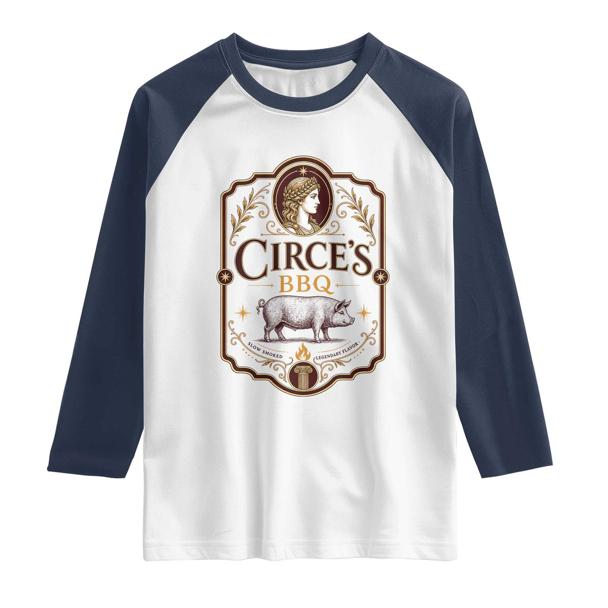 Circes BBQ Funny Greek Mythology Dark Humor Raglan Shirt Slow Smoked Legendary Flavor Odysseus Pigs Odyssey Parody