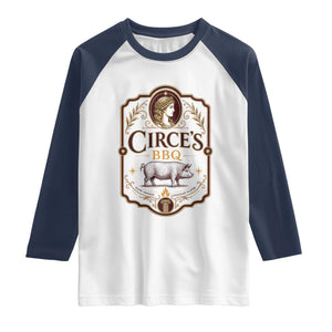 Circes BBQ Funny Greek Mythology Dark Humor Raglan Shirt Slow Smoked Legendary Flavor Odysseus Pigs Odyssey Parody