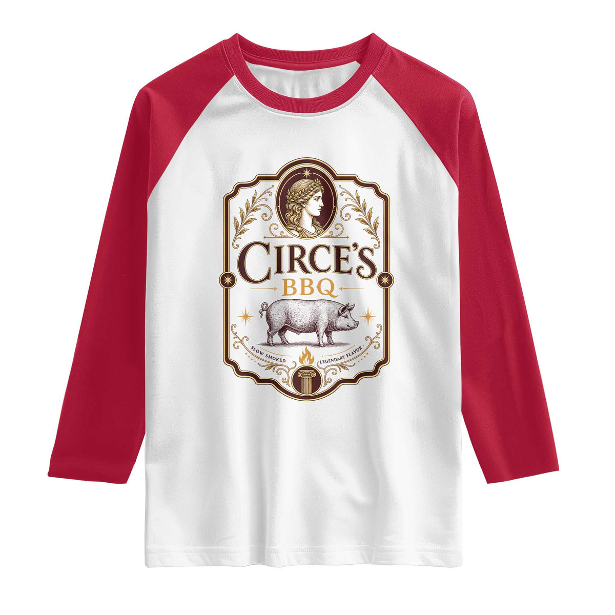 Circes BBQ Funny Greek Mythology Dark Humor Raglan Shirt Slow Smoked Legendary Flavor Odysseus Pigs Odyssey Parody