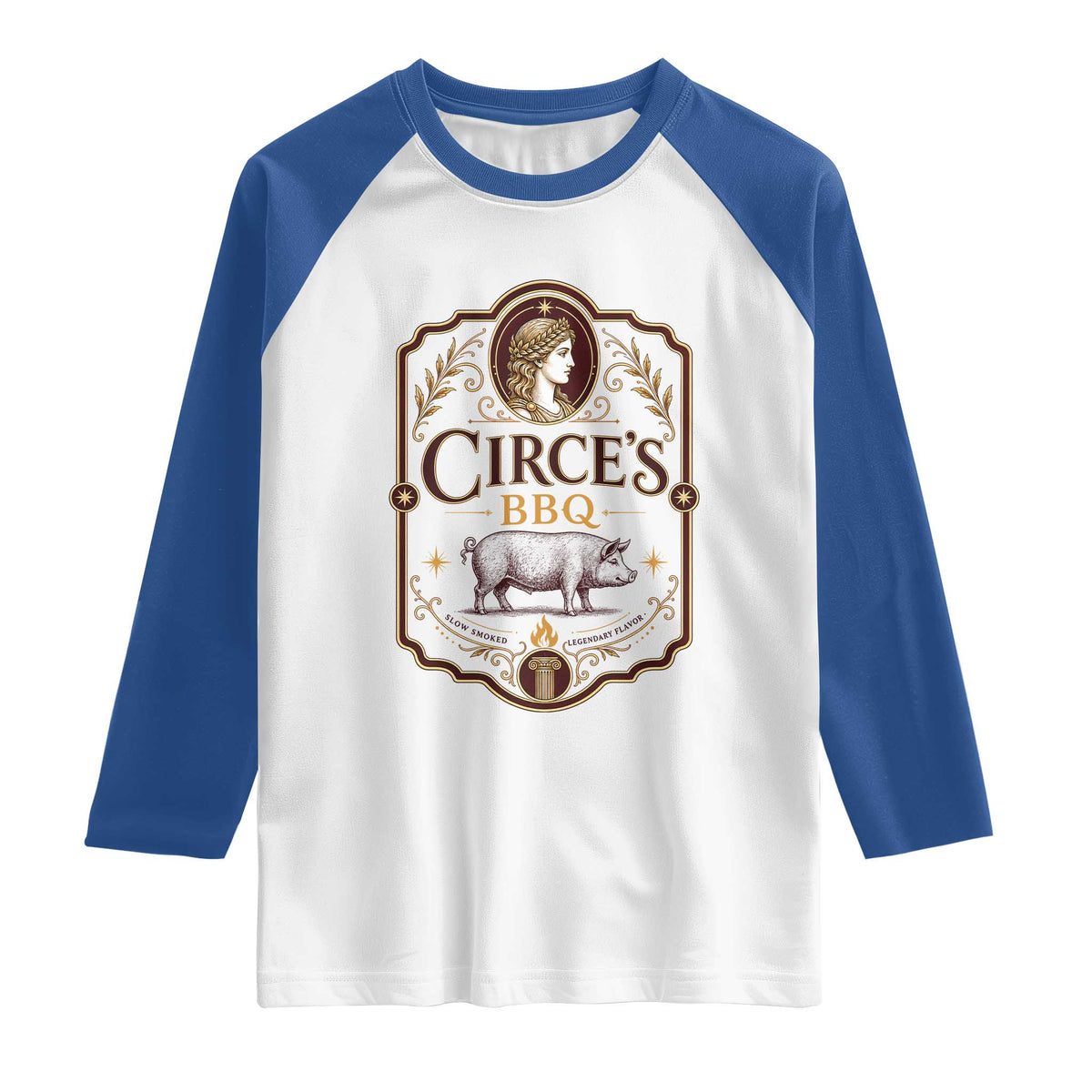Circes BBQ Funny Greek Mythology Dark Humor Raglan Shirt Slow Smoked Legendary Flavor Odysseus Pigs Odyssey Parody
