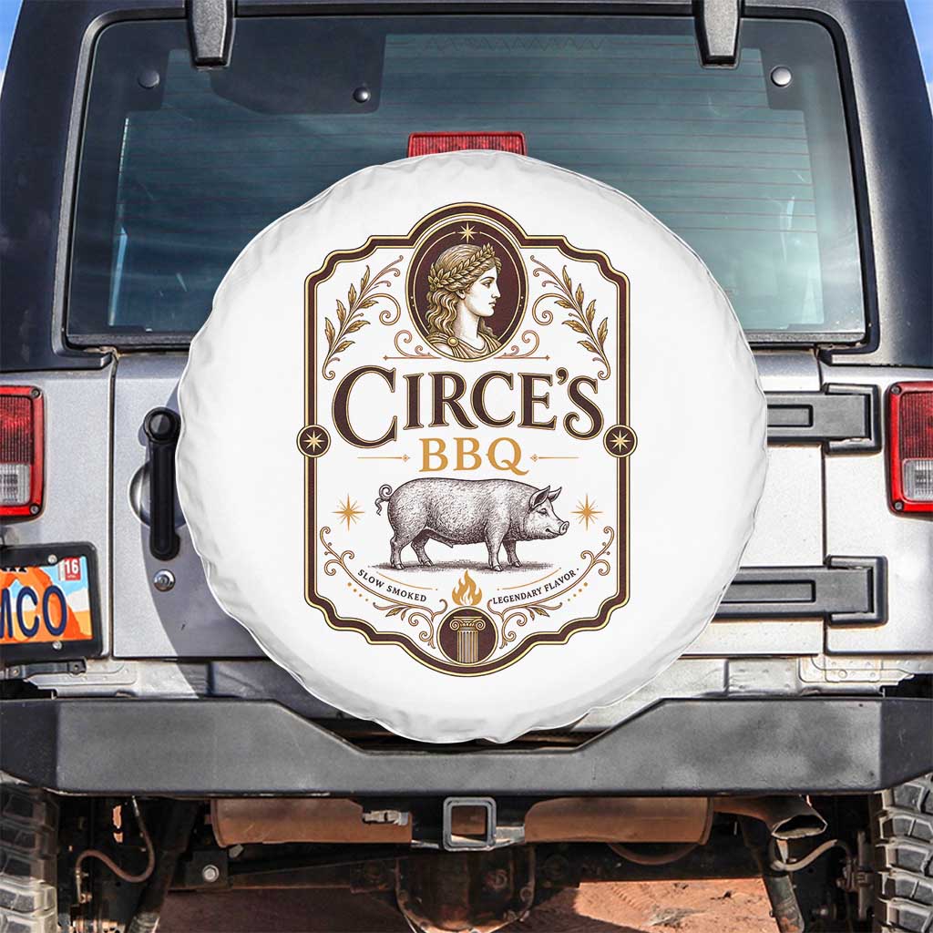 Circes BBQ Funny Greek Mythology Dark Humor Spare Tire Cover Slow Smoked Legendary Flavor Odysseus Pigs Odyssey Parody TS02 No hole White Print Your Wear