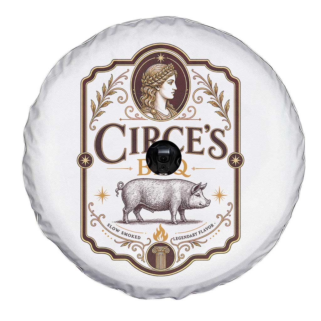 Circes BBQ Funny Greek Mythology Dark Humor Spare Tire Cover Slow Smoked Legendary Flavor Odysseus Pigs Odyssey Parody