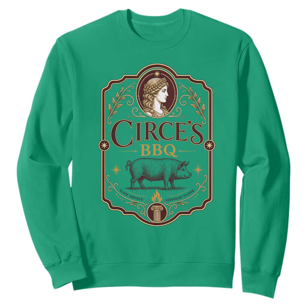 Circes BBQ Funny Greek Mythology Dark Humor Sweatshirt Slow Smoked Legendary Flavor Odysseus Pigs Odyssey Parody