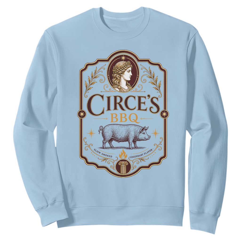 Circes BBQ Funny Greek Mythology Dark Humor Sweatshirt Slow Smoked Legendary Flavor Odysseus Pigs Odyssey Parody