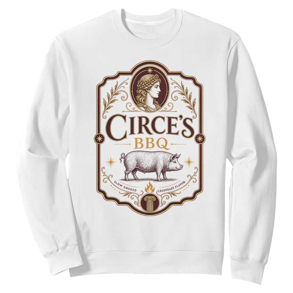 Circes BBQ Funny Greek Mythology Dark Humor Sweatshirt Slow Smoked Legendary Flavor Odysseus Pigs Odyssey Parody TS02 White Print Your Wear