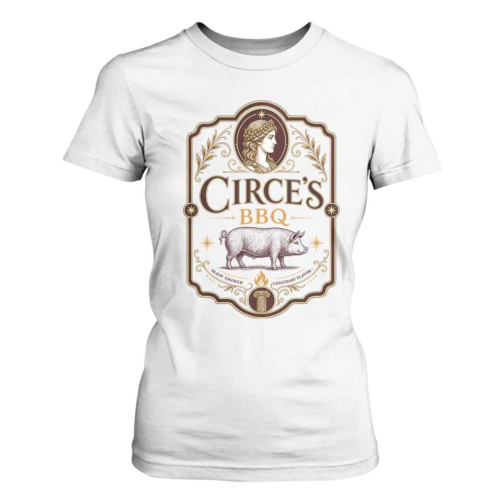 Circes BBQ Funny Greek Mythology Dark Humor T Shirt For Women Slow Smoked Legendary Flavor Odysseus Pigs Odyssey Parody TS02 White Print Your Wear