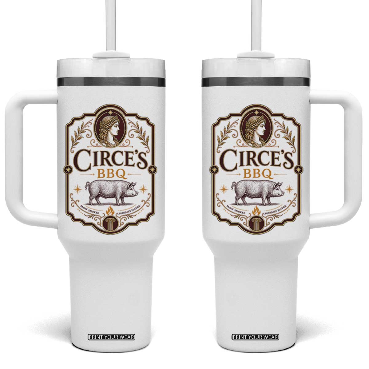 Circes BBQ Funny Greek Mythology Dark Humor Tumbler With Handle Slow Smoked Legendary Flavor Odysseus Pigs Odyssey Parody TS02 One Size: 40 oz White Print Your Wear