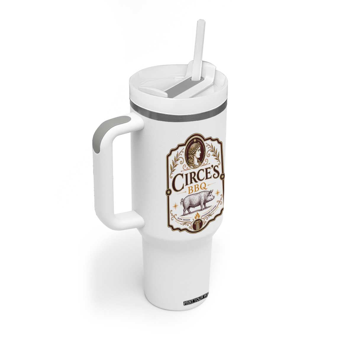 Circes BBQ Funny Greek Mythology Dark Humor Tumbler With Handle Slow Smoked Legendary Flavor Odysseus Pigs Odyssey Parody