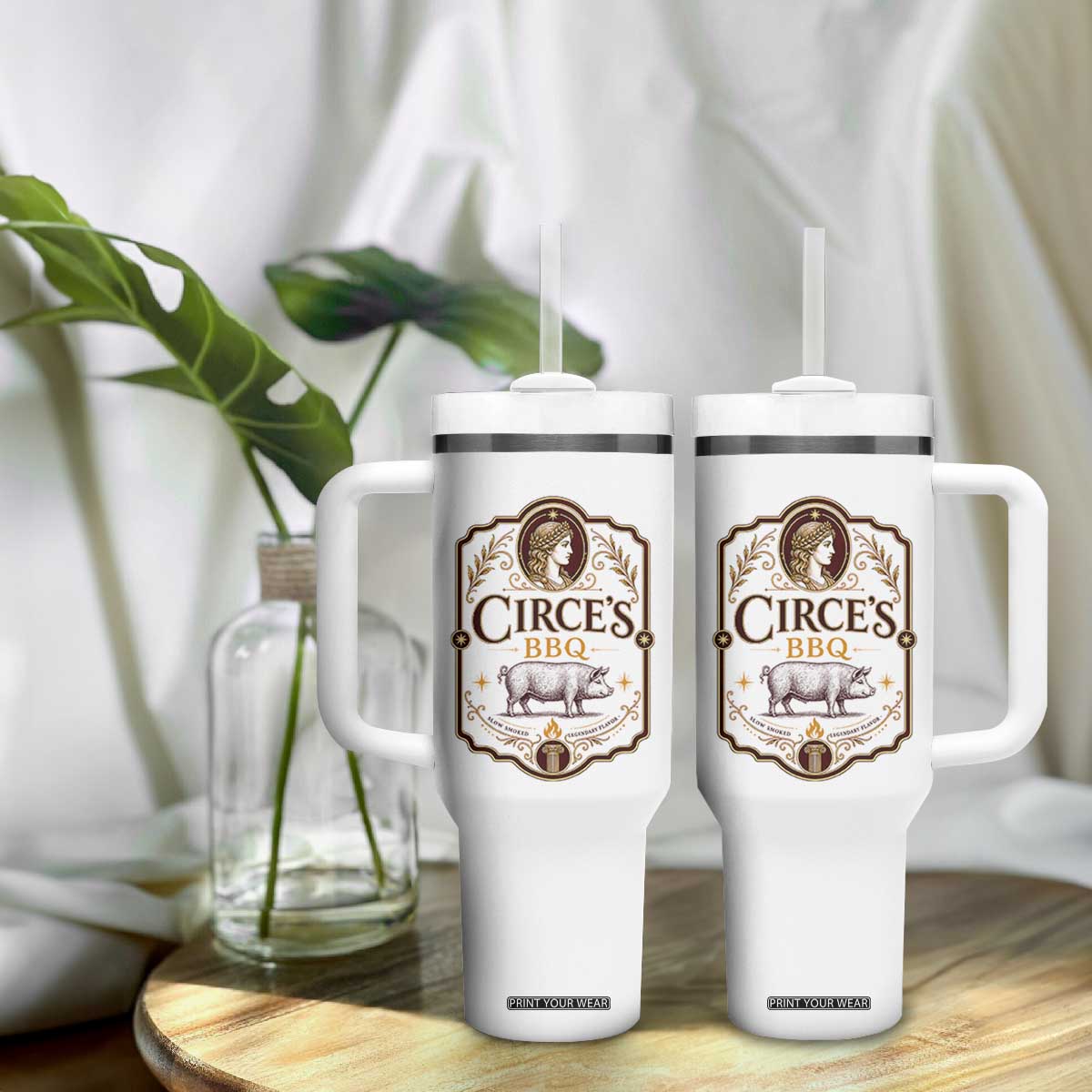 Circes BBQ Funny Greek Mythology Dark Humor Tumbler With Handle Slow Smoked Legendary Flavor Odysseus Pigs Odyssey Parody
