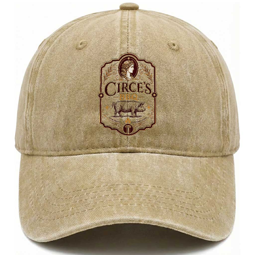 Circes BBQ Funny Greek Mythology Dark Humor Washed Cotton Baseball Cap Slow Smoked Legendary Flavor Odysseus Pigs Odyssey Parody TS02 Print Your Wear
