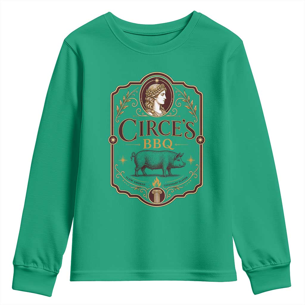 Circes BBQ Funny Greek Mythology Dark Humor Youth Sweatshirt Slow Smoked Legendary Flavor Odysseus Pigs Odyssey Parody
