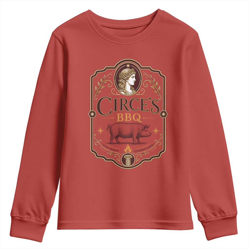 Circes BBQ Funny Greek Mythology Dark Humor Youth Sweatshirt Slow Smoked Legendary Flavor Odysseus Pigs Odyssey Parody