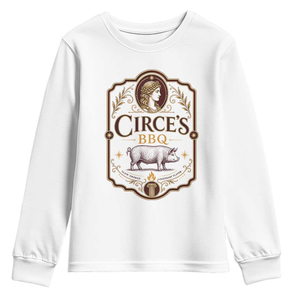 Circes BBQ Funny Greek Mythology Dark Humor Youth Sweatshirt Slow Smoked Legendary Flavor Odysseus Pigs Odyssey Parody TS02 White Print Your Wear