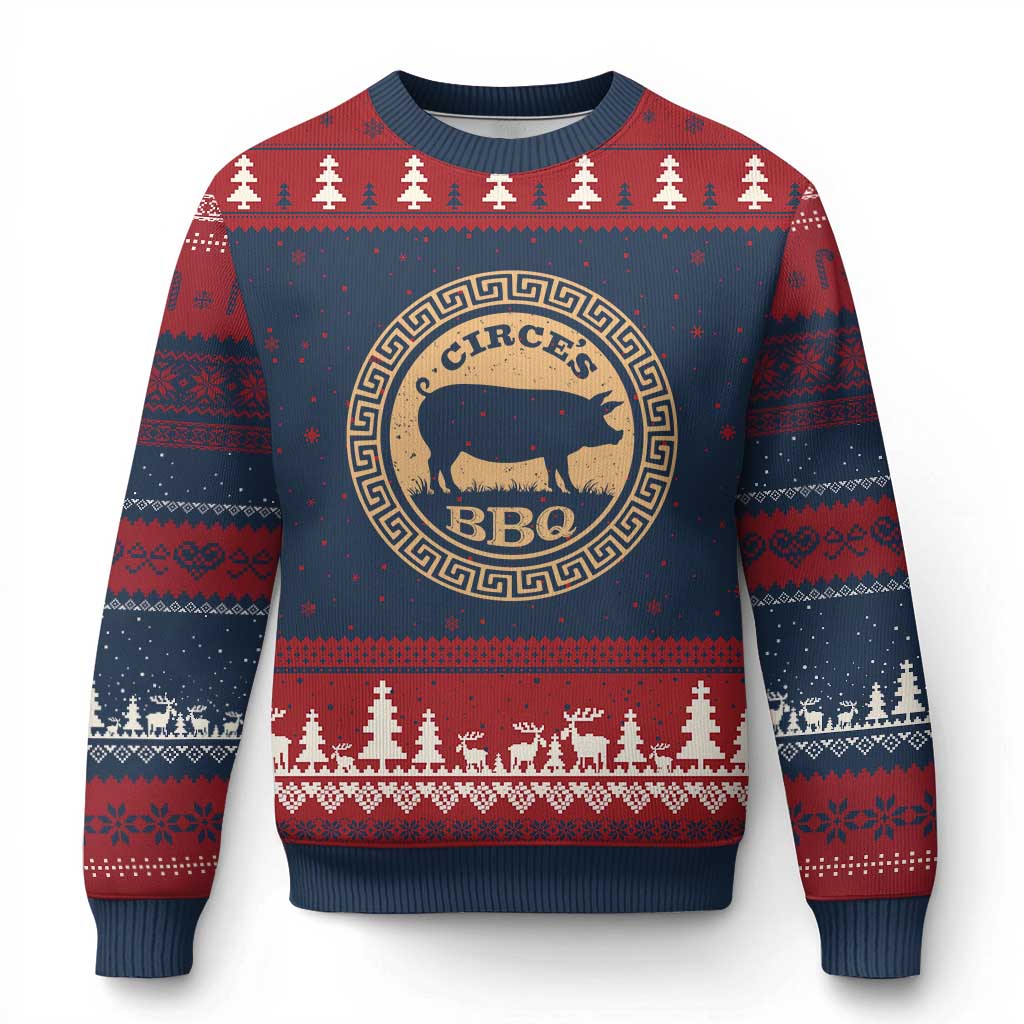 Circes BBQ Ancient Greek Mythology Dark Humor Ugly Christmas Sweater Odysseus Pigs Odyssey Parody History Lover Gift TS02 Navy Red Print Your Wear