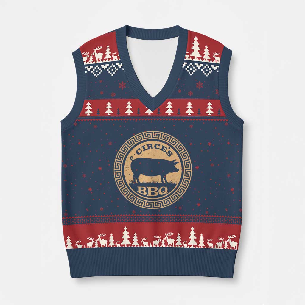 Circes BBQ Ancient Greek Mythology Dark Humor V-Neck Knit Sweater Vest Odysseus Pigs Odyssey Parody History Lover Gift TS02 Navy Red Print Your Wear