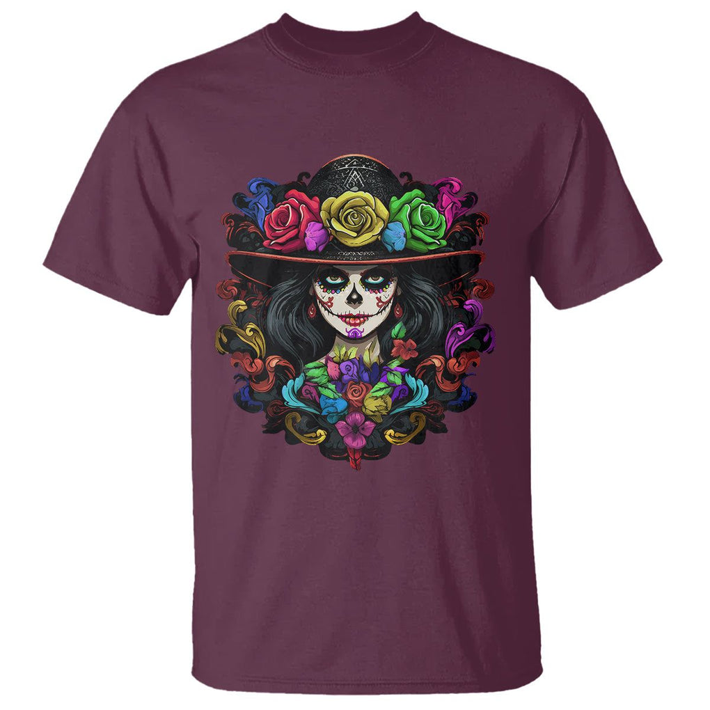 Day of the Dead T Shirt Dia De Los Muertos Sugar Skull Women La Catrina TS02 Maroon Printyourwear