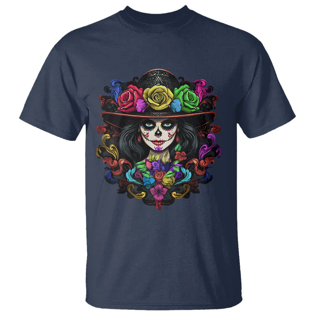 Day of the Dead T Shirt Dia De Los Muertos Sugar Skull Women La Catrina TS02 Navy Printyourwear