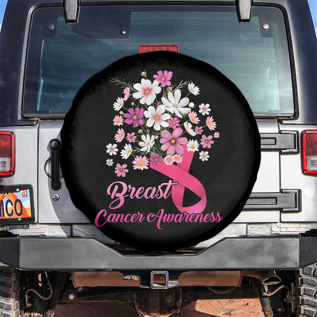 Breast Cancer Awareness Spare Tire Cover Pink Ribbon Flower Bouquet TS02 No hole Black Print Your Wear