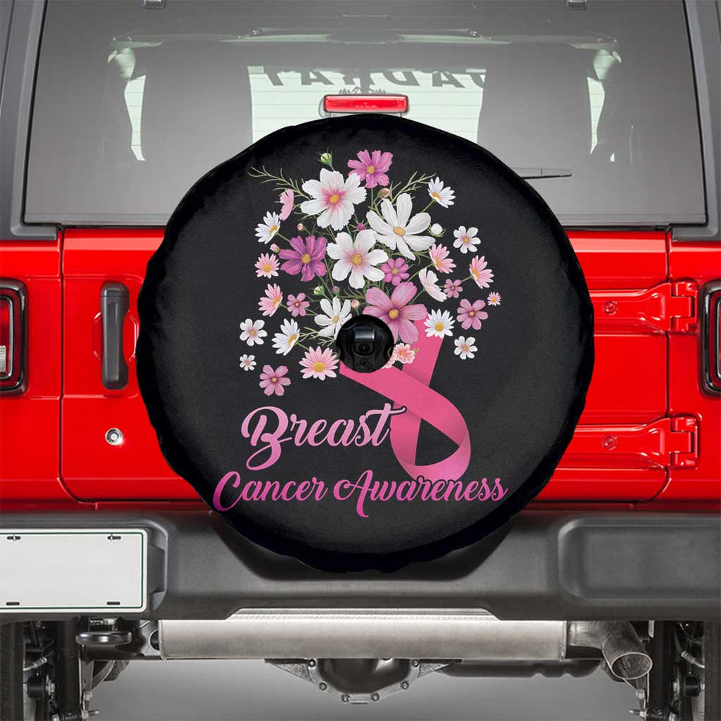 Breast Cancer Awareness Spare Tire Cover Pink Ribbon Flower Bouquet TS02 Black Print Your Wear