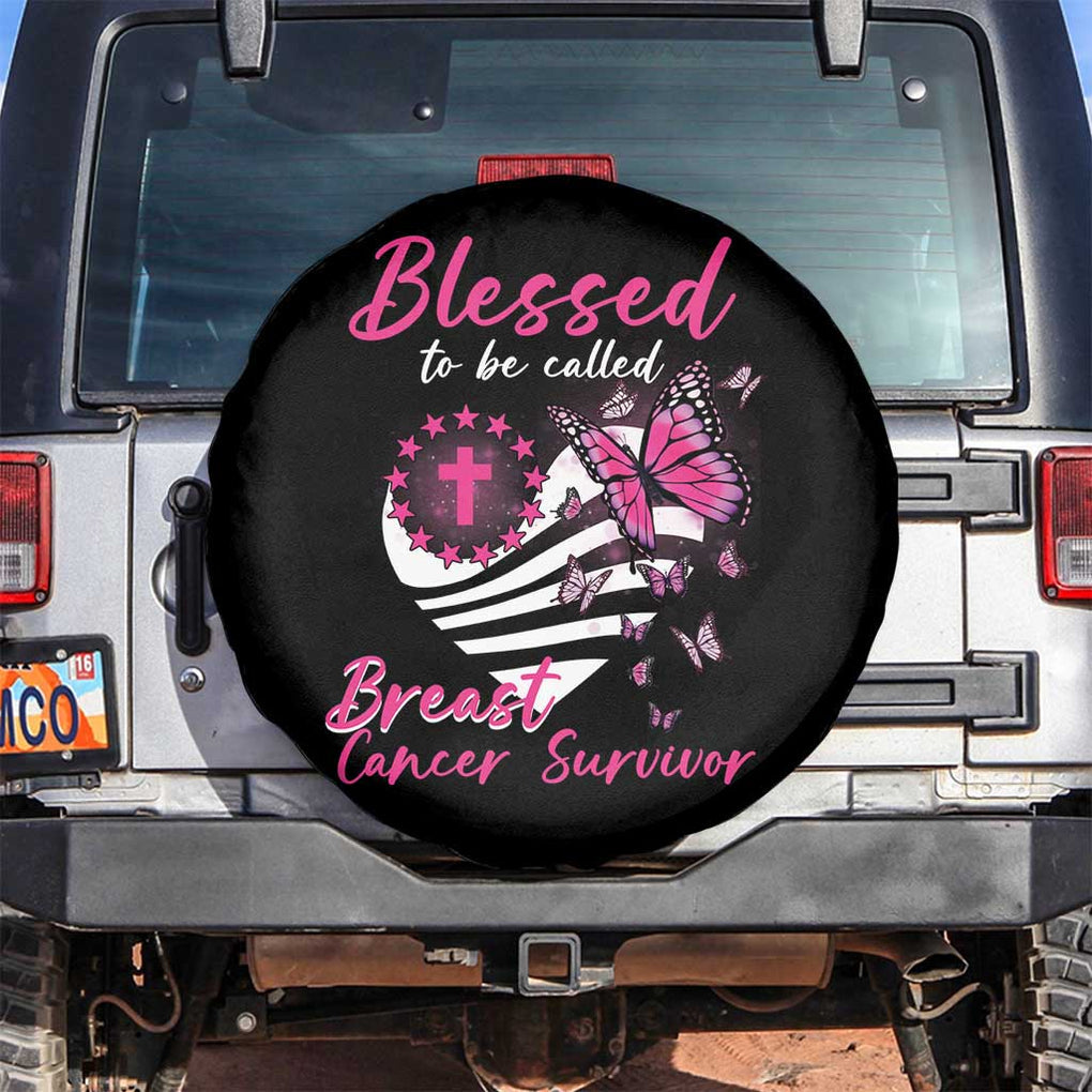 Breast Cancer Awareness Spare Tire Cover Blessed To Be Called Breast Cancer Survivor Pink Butterfly TS02 No hole Black Print Your Wear