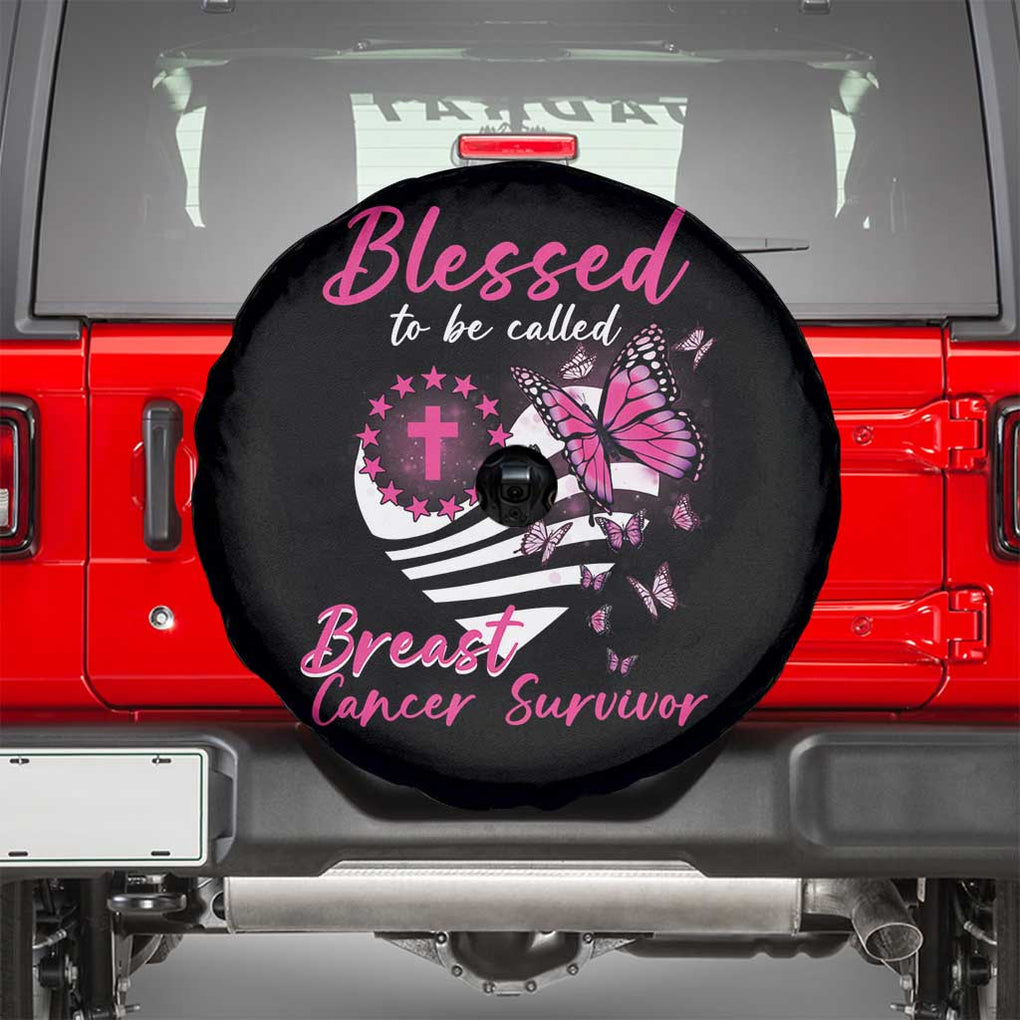Breast Cancer Awareness Spare Tire Cover Blessed To Be Called Breast Cancer Survivor Pink Butterfly TS02 Black Print Your Wear